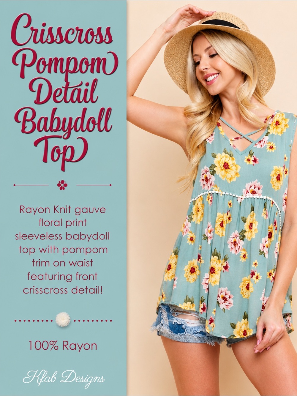Crisscross Pompom Detail Babydoll Top NEW